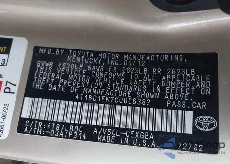 2012 Toyota Camry Hybrid Xle из США, поврежденный, VIN 4T1BD1FK7CU006382